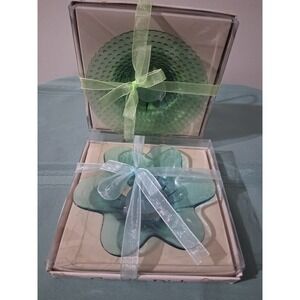 Luminessence Candles 6 Inch Glass Candle Dish Set Teal Flower Sage Green Hobnail